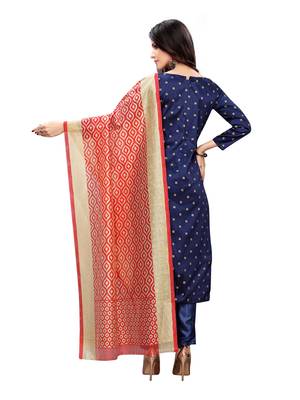 Navy Blue Banarasi Silk Jacquard Unstitched salwar with dupatta 3