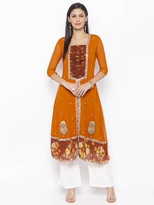 Mustard Embroidered Georgette Party Wear Kurti 1