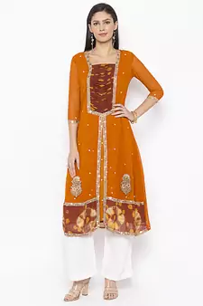 Mustard Embroidered Georgette Party Wear Kurti