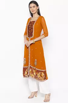Mustard Embroidered Georgette Party Wear Kurti