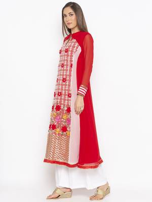 Red Embroidered Georgette Party Wear Kurti 3