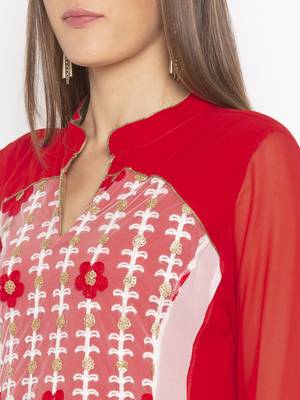 Red Embroidered Georgette Party Wear Kurti 5