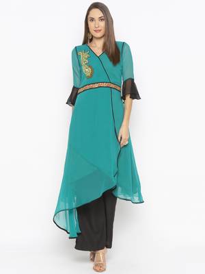 Green Embroidered Georgette Party Wear Kurti 1