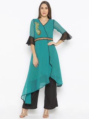 Green Embroidered Georgette Party Wear Kurti 2