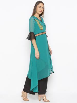 Green Embroidered Georgette Party Wear Kurti 3