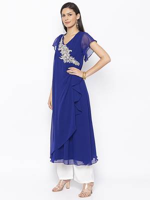Blue Embroidered Georgette Party Wear Kurti 3