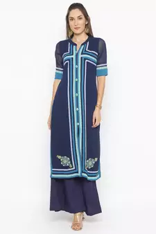 Blue Embroidered Georgette Party Wear Kurti