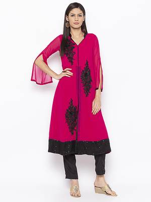 Magenta Embroidered Georgette Party Wear Kurti 1