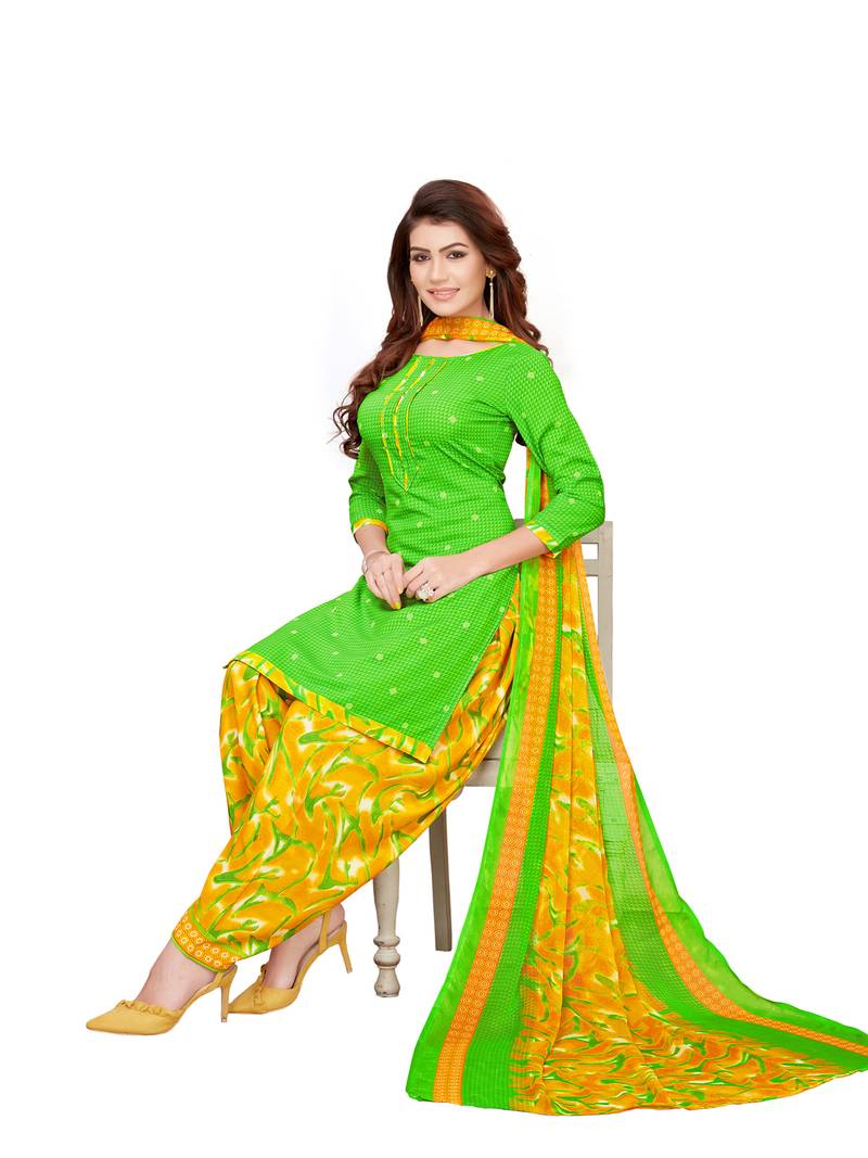 Green Crepe Printed Unstitched salwar with dupatta