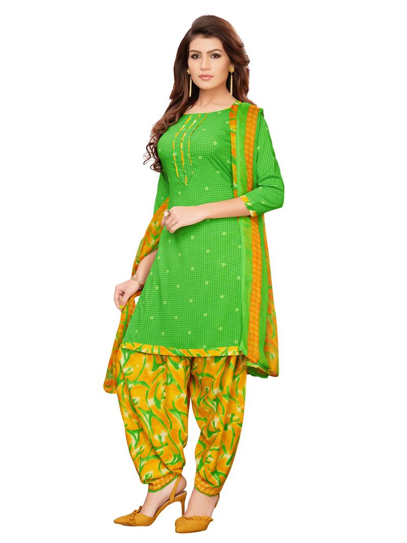 Green Crepe Printed Unstitched salwar with dupatta