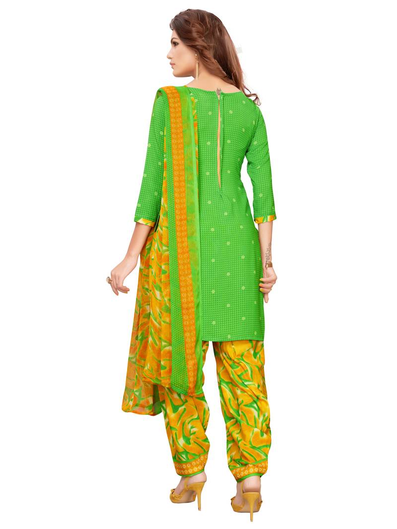 Green Crepe Printed Unstitched salwar with dupatta