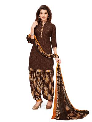Brown Crepe Printed Unstitched salwar with dupatta 1