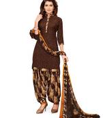 Brown Crepe Printed Unstitched salwar with dupatta