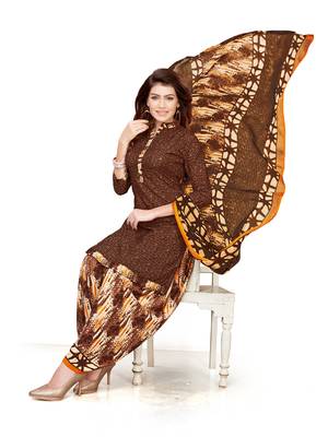 Brown Crepe Printed Unstitched salwar with dupatta 2