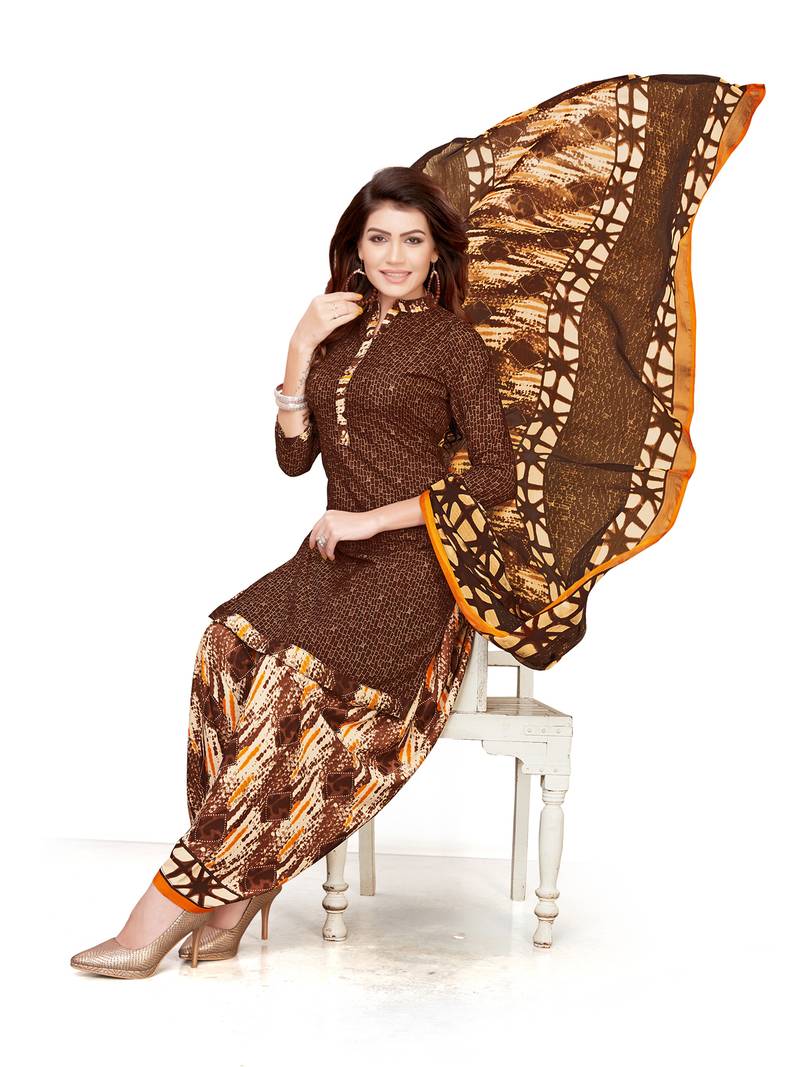 Brown Crepe Printed Unstitched salwar with dupatta