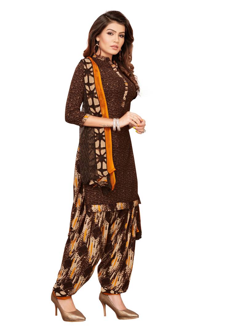 Brown Crepe Printed Unstitched salwar with dupatta