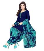 Navy Blue Crepe Printed Unstitched Salwar With Dupatta