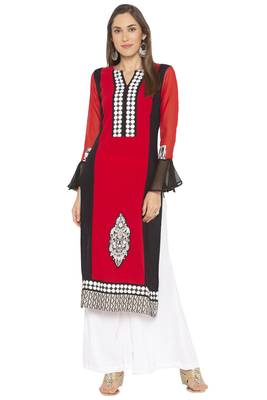 Red Embroidered Crepe Party Wear Kurti 1