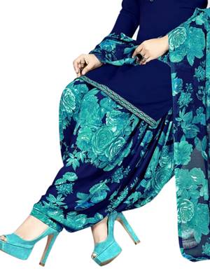 Navy Blue Crepe Printed Unstitched Salwar With Dupatta 3
