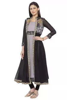 Grey Embroidered Crepe Party Wear Kurti