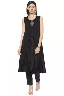 Black Embroidered Cotton Party Wear Kurti