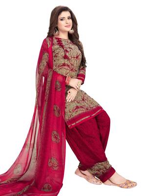 beige printed synthetic unstitched salwar with dupatta 1