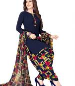 blue printed synthetic unstitched salwar with dupatta