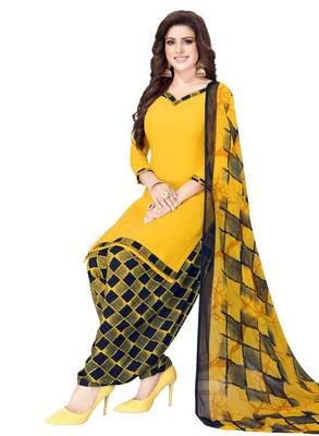 yellow printed synthetic unstitched salwar with dupatta 1