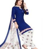 blue printed synthetic unstitched salwar with dupatta