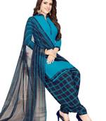 blue printed synthetic unstitched salwar with dupatta