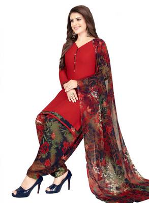 red printed synthetic unstitched salwar with dupatta 1