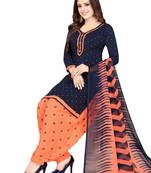 blue printed synthetic unstitched salwar with dupatta