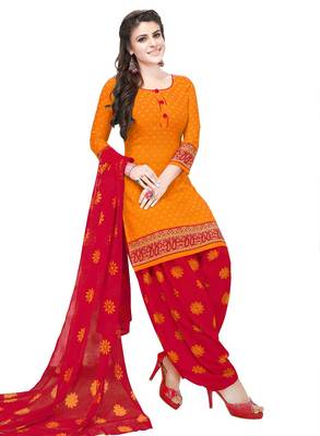 orange printed synthetic unstitched salwar with dupatta 1
