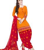 orange printed synthetic unstitched salwar with dupatta