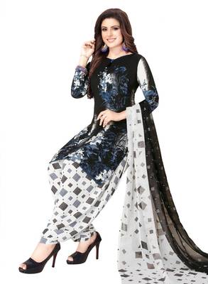 black printed synthetic unstitched salwar with dupatta 1