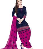 blue printed synthetic unstitched salwar with dupatta