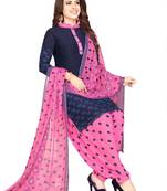 blue printed synthetic unstitched salwar with dupatta