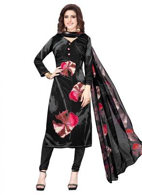 black printed synthetic unstitched salwar with dupatta 1