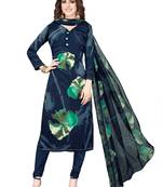 blue printed synthetic unstitched salwar with dupatta