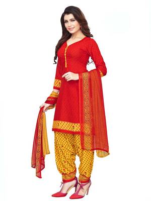 Red Crepe Printed Unstitched salwar with dupatta 2