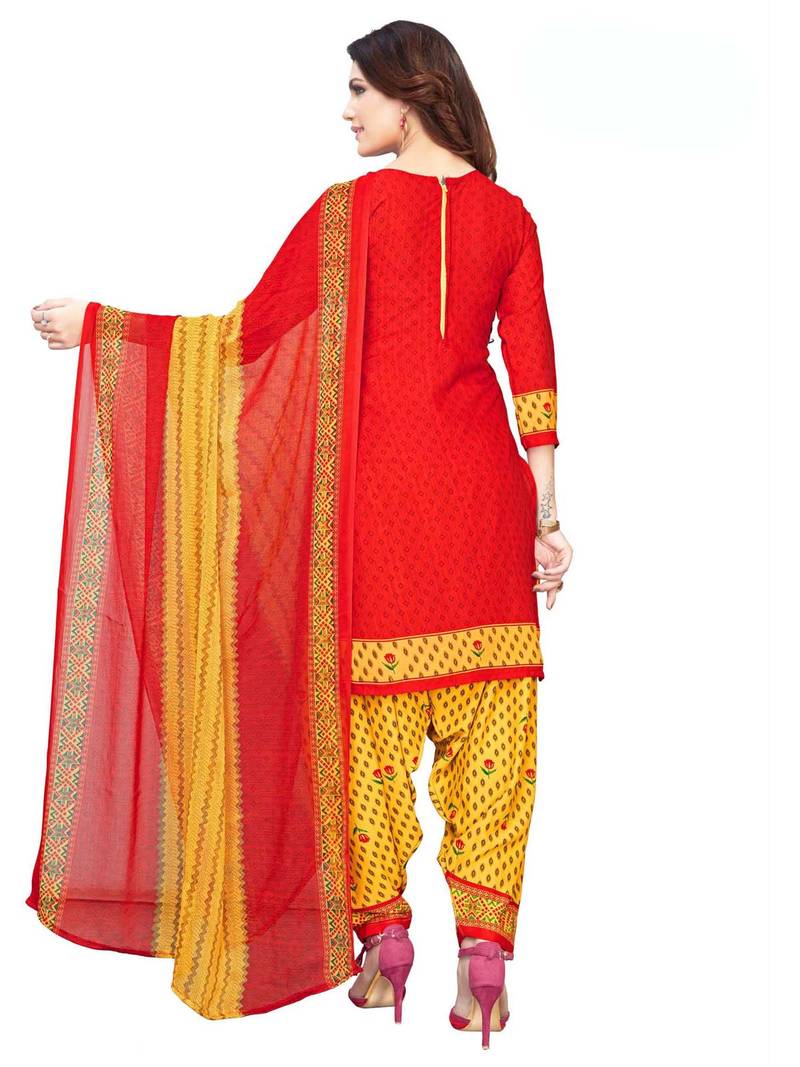 Red Crepe Printed Unstitched salwar with dupatta