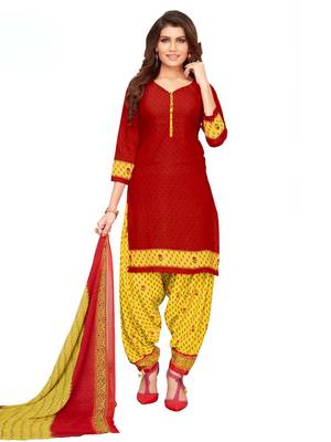 Red Crepe Printed Unstitched salwar with dupatta 4