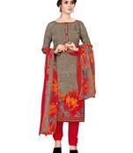 Brown Crepe Printed Unstitched salwar with dupatta