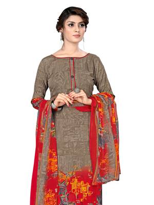Brown Crepe Printed Unstitched salwar with dupatta 2