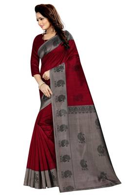 Maroon printed art silk saree with blouse 2