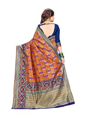 Orange woven banarasi silk saree with blouse 3