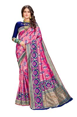 Pink woven banarasi silk saree with blouse 1