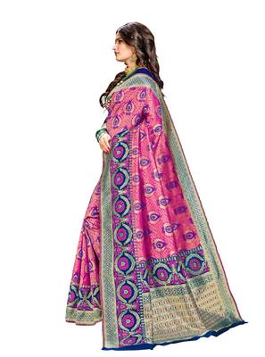 Pink woven banarasi silk saree with blouse 2