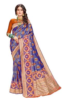 Blue woven banarasi silk saree with blouse 1
