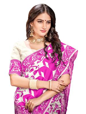 Pink woven cotton saree with blouse 4